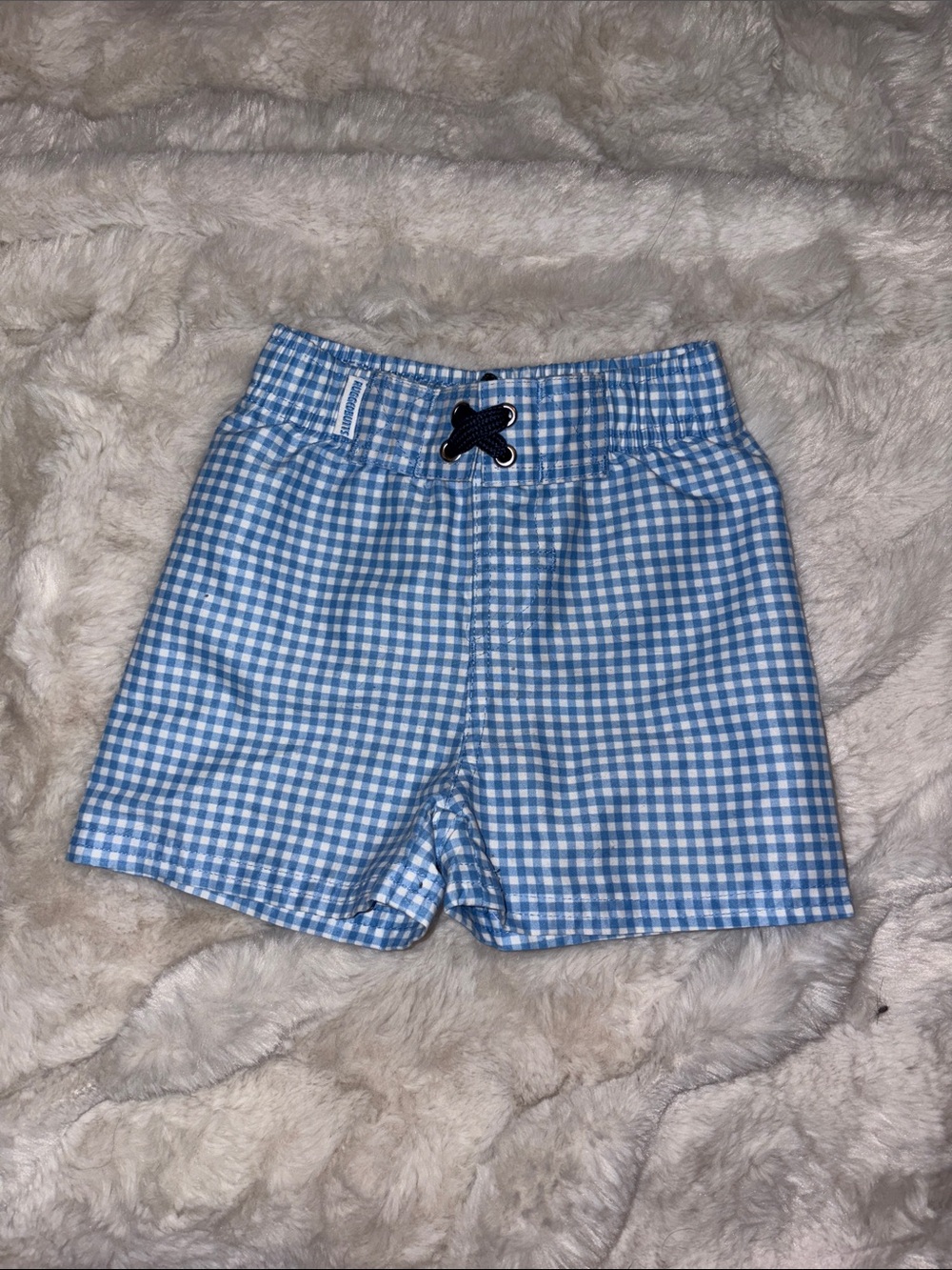 Kids Blue Gingham Pull-On Swim Trunks